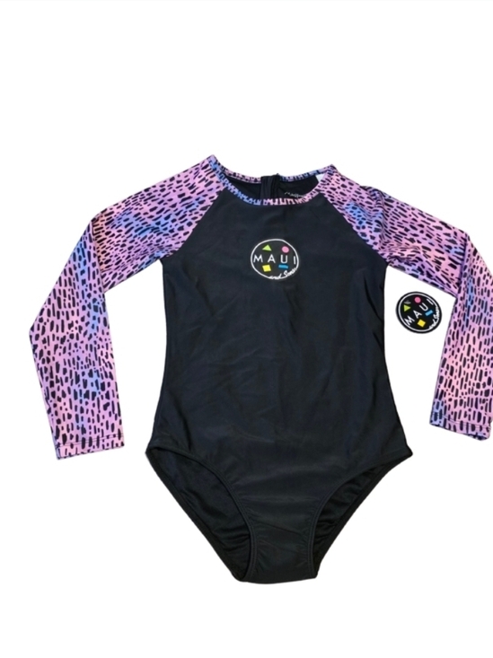 Maui and Sons Other - MAUI Girls' Black Rash Guard One-Piece Swimsuit Pink Patterned Sleeves Summer